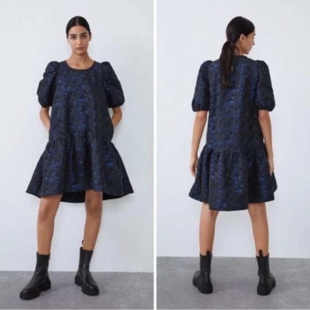 Zara Navy Camo Brocade Elegant Black and Blue Puff Sleeve Dress